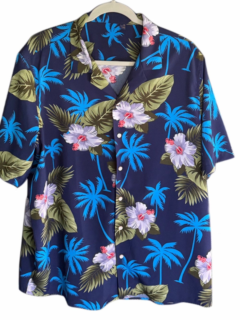 Men’s Hawaiian Shirt XL Blue Palm Tree Floral Button Up Tropical Camp Shirt